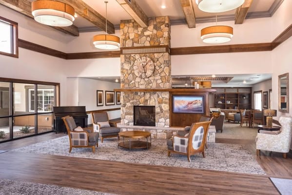 Interior common area with fireplace and seating