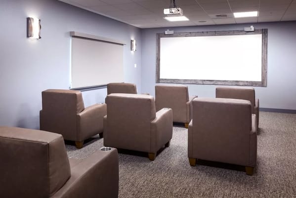 Interior of a common area with seating.