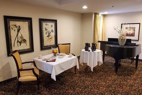 Dining setup in a cozy interior with a grand piano