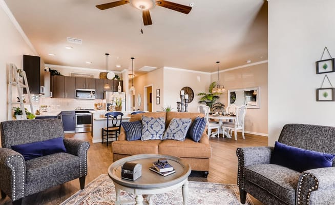 Cozy living room with stylish furniture and adjacent kitchen