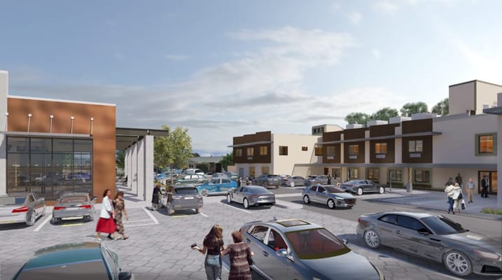 View of the parking lot and exterior of The Pavilion at Tecolote Canyon