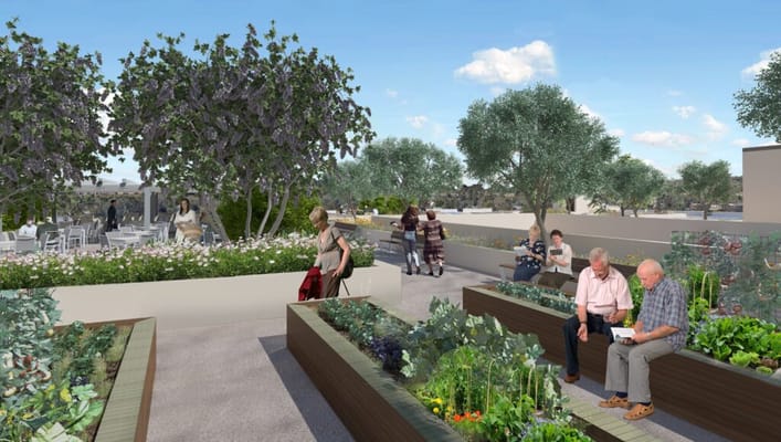Residents enjoying the rooftop garden with planting beds and seating areas.