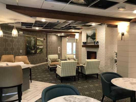 Cozy seating area with modern decor and a fireplace