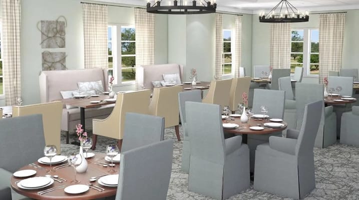 Elegant dining area with tables set for a meal