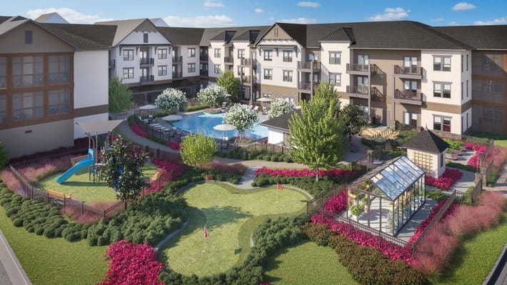 Landscape view of gardens and pool area at The Phoenix at Opelika