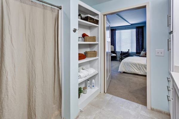 Interior view of a resident room and bathroom
