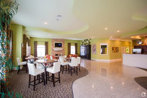 Modern common area with seating and decorative accents