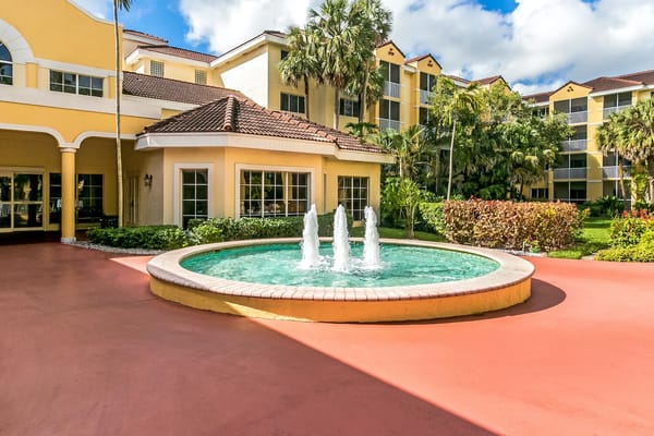 Outdoor fountain in front of a senior living facility