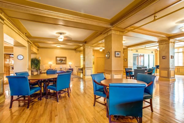 Bright and spacious common area with seating