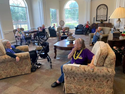 Residents socializing in a bright common area