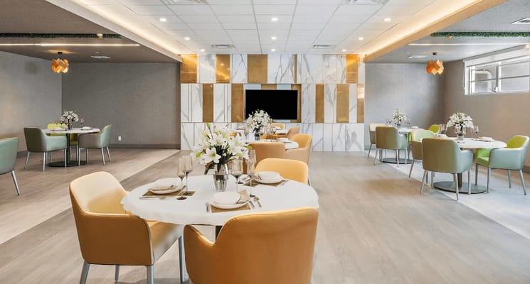 Bright dining room with elegant table settings