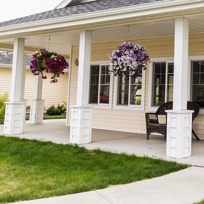 Outdoor space with flowers and seating
