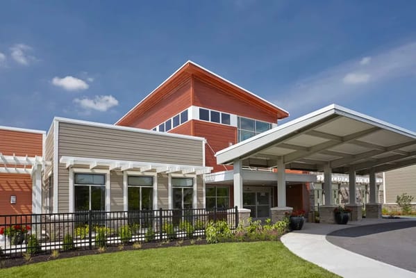 Modern entrance of The Springs at Lafayette senior living facility