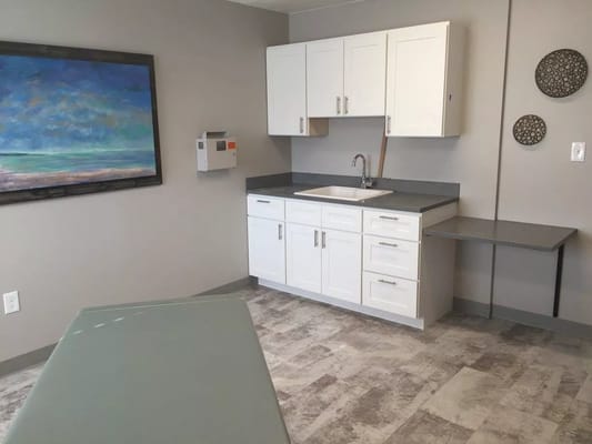 Interior view of a clinical space with cabinets and sink