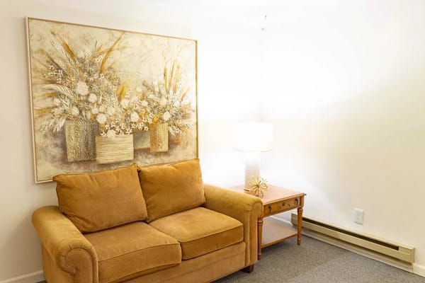 Cozy living area with a couch and decorative artwork