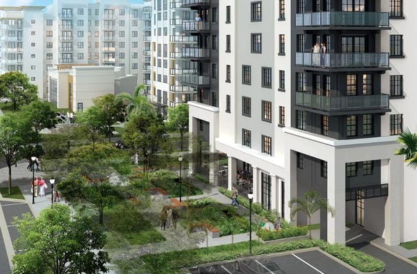 Modern senior living facility with outdoor gardens and balconies