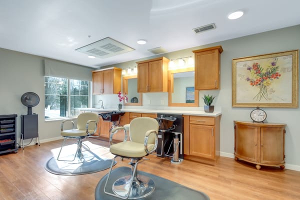 Interior of the hair salon with styling chairs and a view outside.