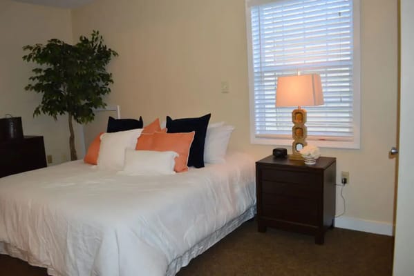 A well-decorated bedroom with a bed, lamp, and plant.