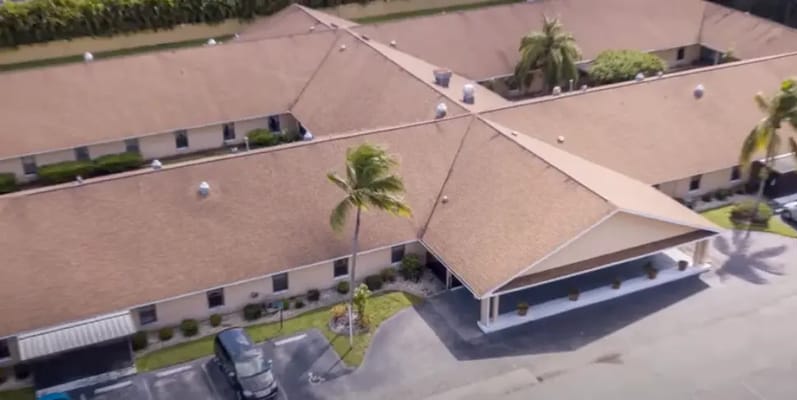 Aerial view of The Woodlands Assisted Living Center building exterior