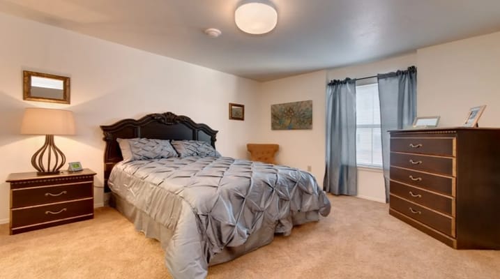 Elegant bedroom featuring a queen bed and dresser.