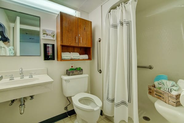 Clean, accessible bathroom with shower and modern amenities.