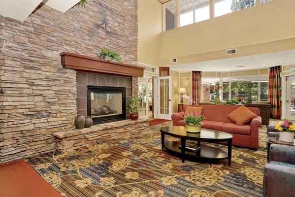 Cozy common area with fireplace and seating