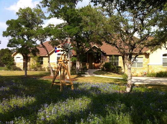 Front view of Tiffin House with windmill and bluebonnet flowers