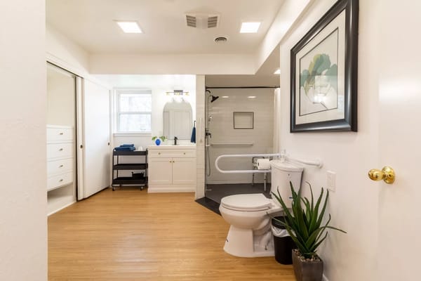 Brightly lit bathroom with accessible features