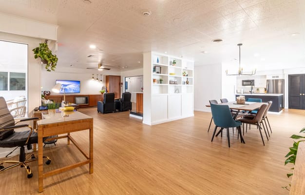 Bright common area with modern decor and furniture