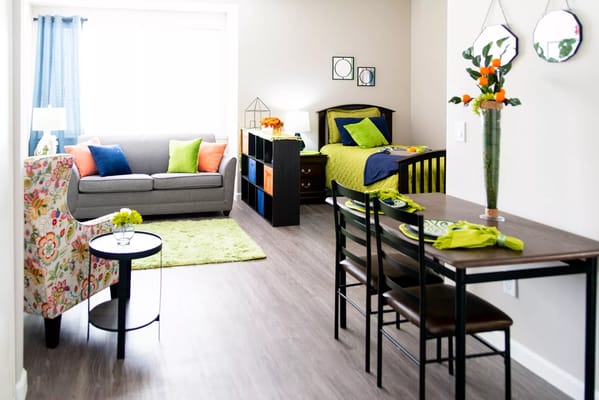Brightly decorated living and bedroom area with a sofa, dining table, and colorful pillows.