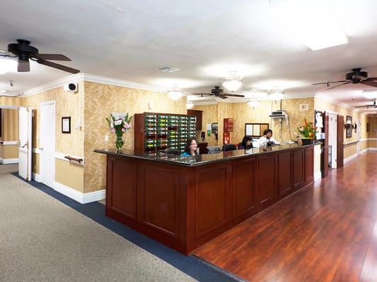 Reception area with staff at a nursing home
