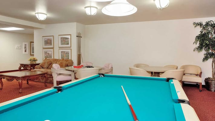 Inside view of the billiards room with a pool table and seating area.