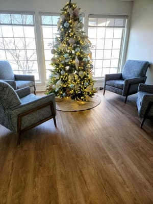 Christmas tree with blue and gold decorations in a living room