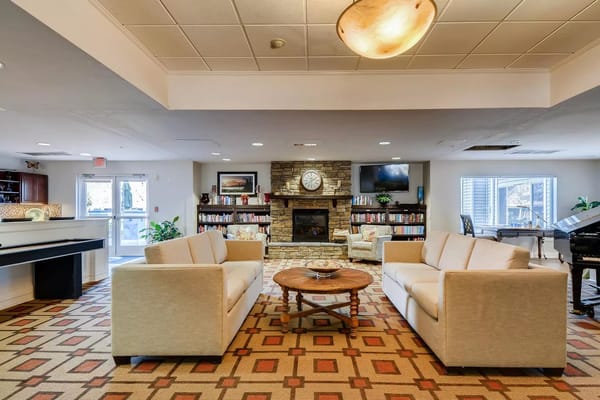 Comfortable lounge area with seating, bookshelves, and a fireplace