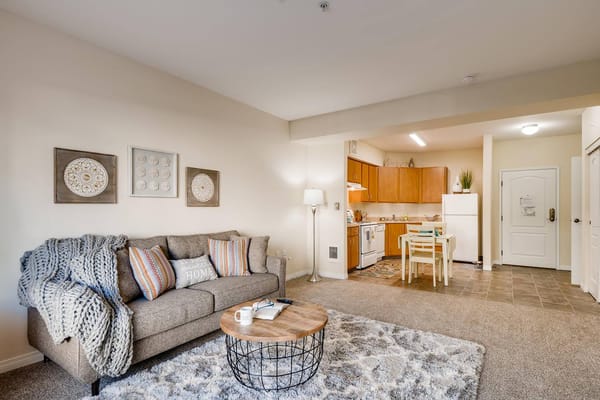 Spacious living room area with a sofa, coffee table, and kitchenette.