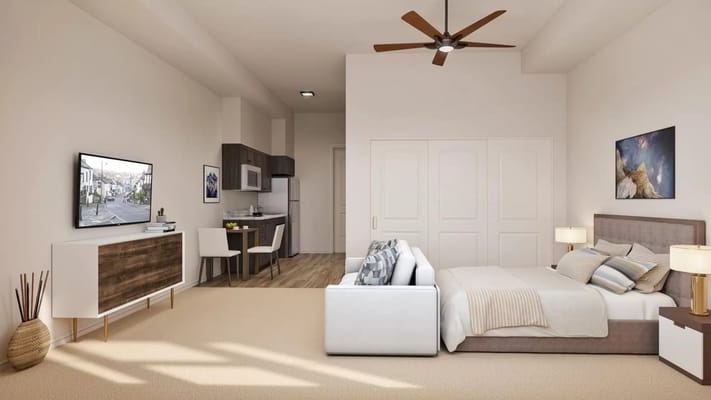 A well-furnished resident room with modern amenities