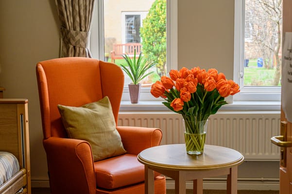 A cozy armchair with a vase of tulips in a bright room