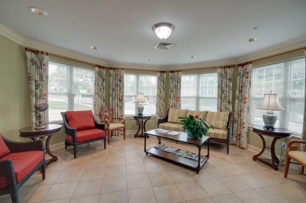 Cozy lobby area with comfortable seating and natural light