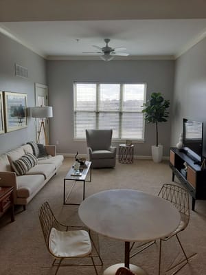 Bright living room with a couch, chair, and coffee table.