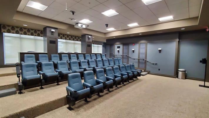 Seating area in the theater room with blue chairs