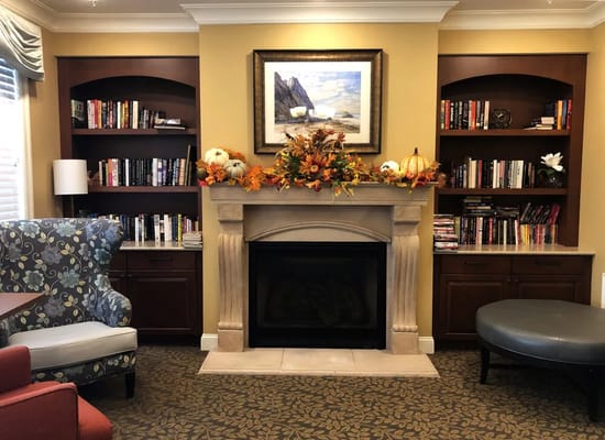 Cozy lounge with floral armchair and bookshelves