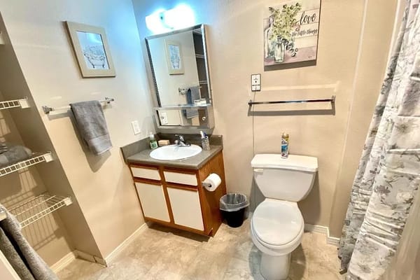 A bathroom with a sink, toilet, and shower curtain