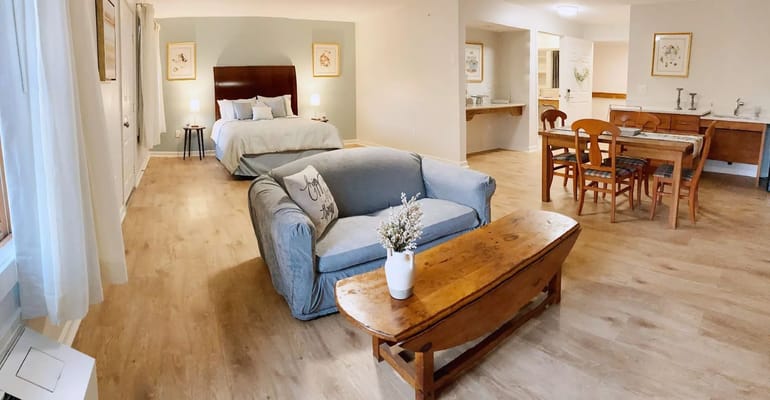 Spacious senior living room and bedroom setup