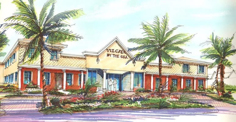 Illustration of the front entrance of Vizcaya By the Sea with palm trees and landscaping.