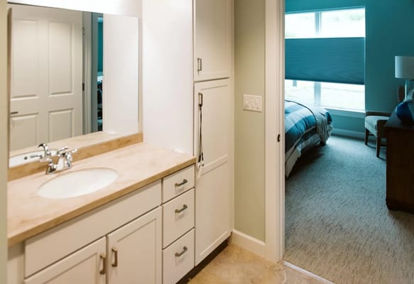 Interior photo of a resident room and bathroom