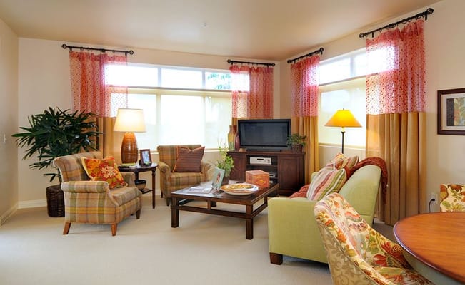 A cozy living room with comfortable seating, a coffee table, and decorative curtains.