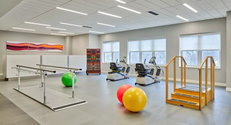 Physical therapy room with exercise equipment and balls