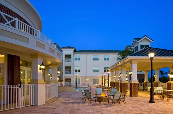 Outdoor view of the facility's entrance and patio area