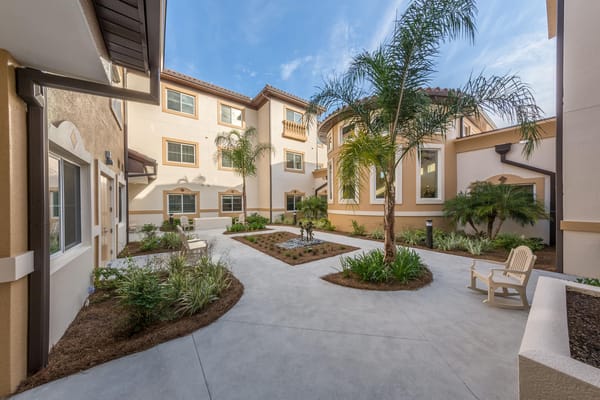 Outdoor courtyard with tropical plants and seating