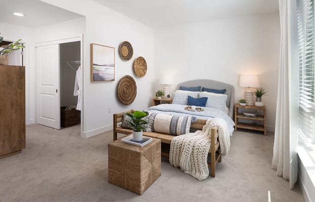 Bright, comfortable bedroom with a bed, decorative pillows, and natural light.